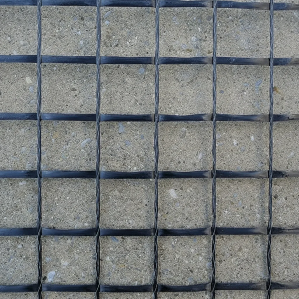 Plasă din carbon HTC 18/18 — detaliu al ochiurilor pe beton